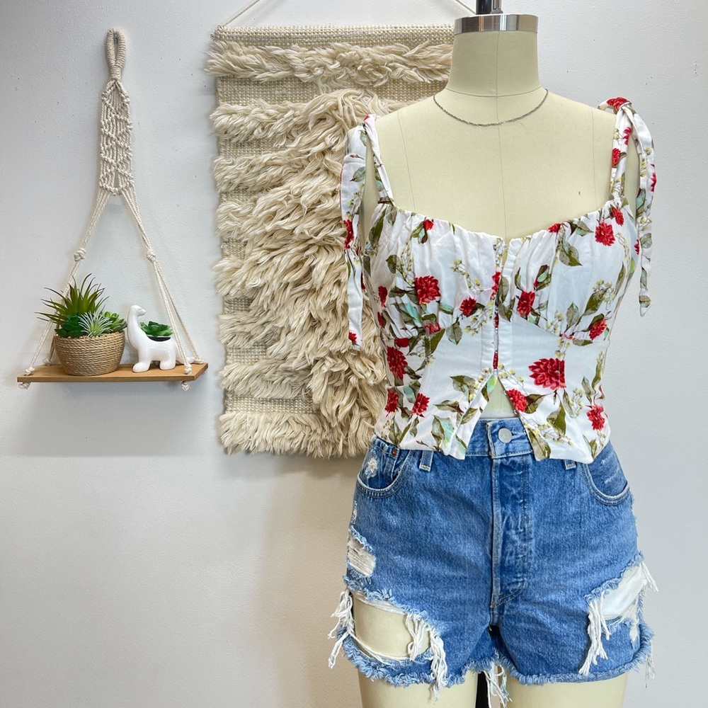 Ari + All Anthropologie wild Flower 🌹 Crop Tank Corset Strap tie hook & Eye